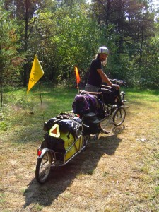 Obbie guides The Limo and a fully loaded BOB trailer from the campsite toward the trail.